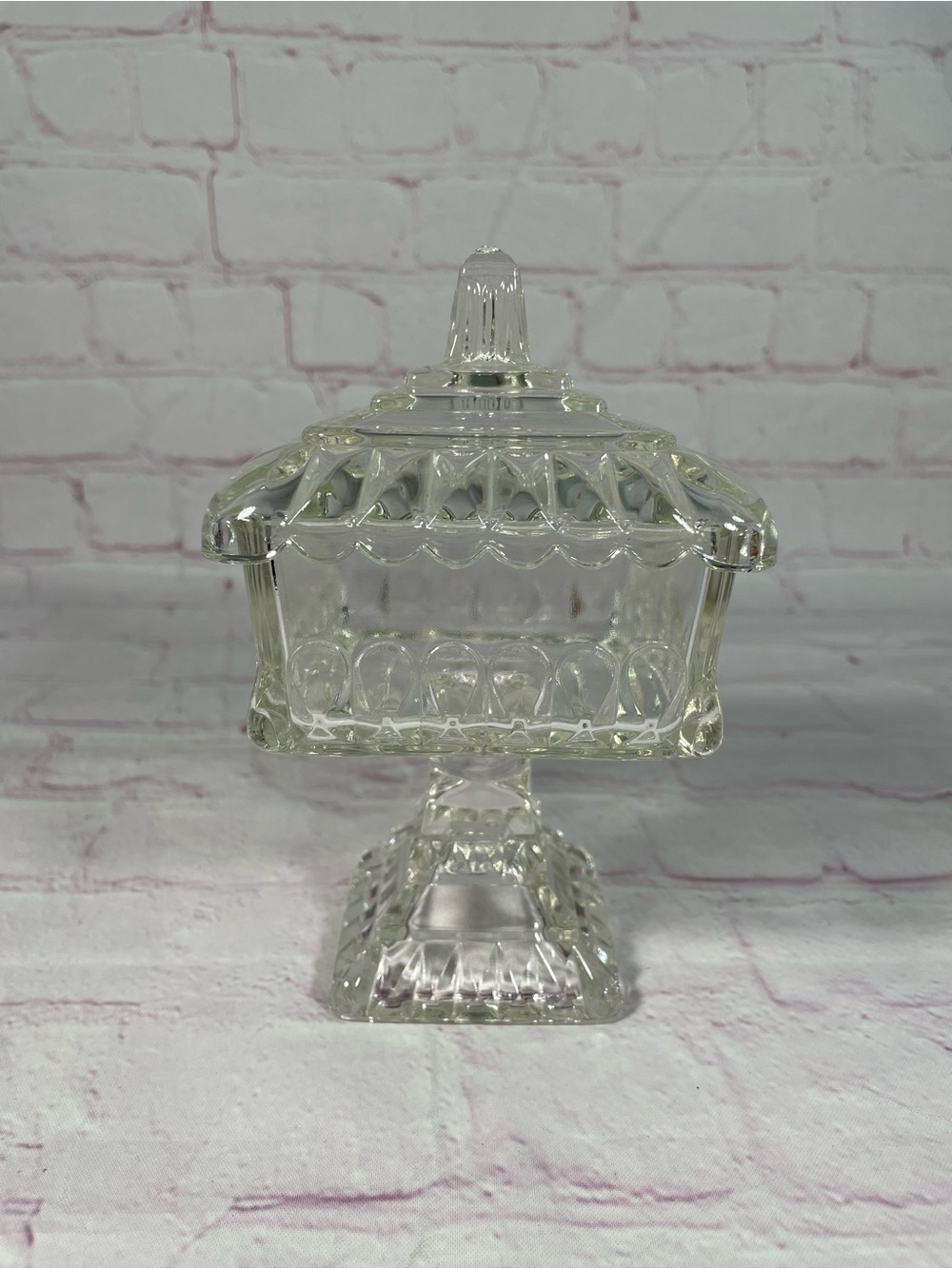 Vintage Jeanette Glass Wedding Box Square Pedestal Clear Glass Lidded Candy Dish